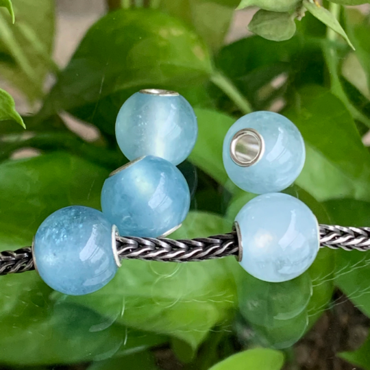 Aquamarine Beads Mini Round Bead Small Core Big Hole Bead with Sterling Silver