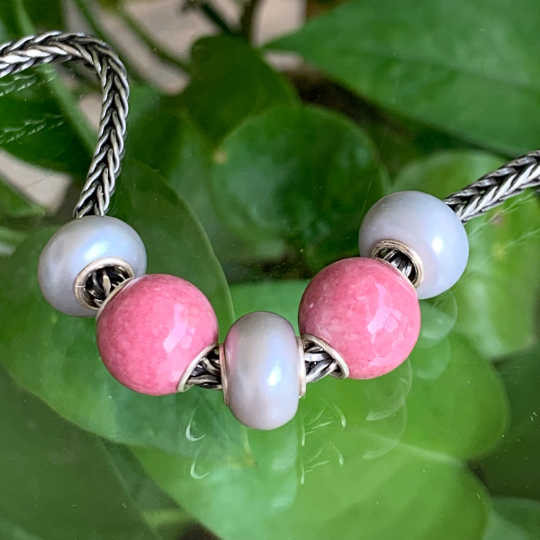Awsome Rhodonite Roselia beads Artisan Beads with Small Silver Core Fit for European Charm Trollbeads Bracelet or Pandora Bangle