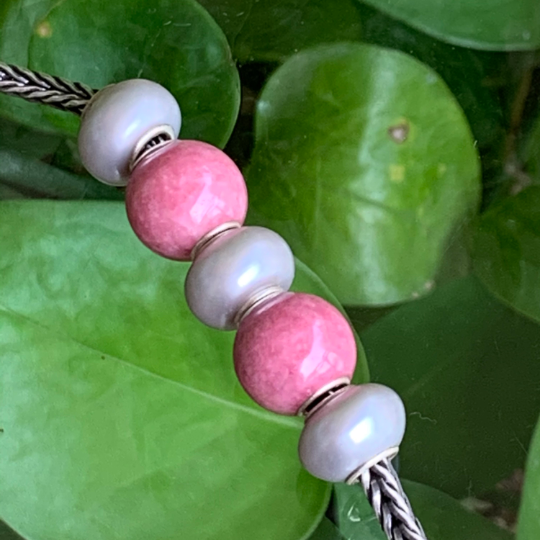 Awsome Rhodonite Roselia beads Artisan Beads with Small Silver Core Fit for European Charm Trollbeads Bracelet or Pandora Bangle