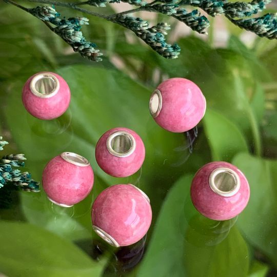 Awsome Rhodonite Roselia beads Artisan Beads with Small Silver Core Fit for European Charm Trollbeads Bracelet or Pandora Bangle