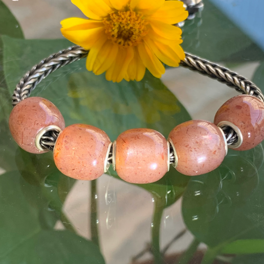 Barrel Orange Moonstone Beads Sparkling Moonstone Beads Gemstone with Silver Core for Pandora Trollbeads OHM Bracelets or Bangles