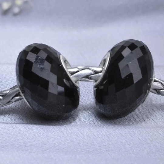 Natural Black Tourmaline Gemstone Bead with Sterling Silver Core for European Charm Bracelets