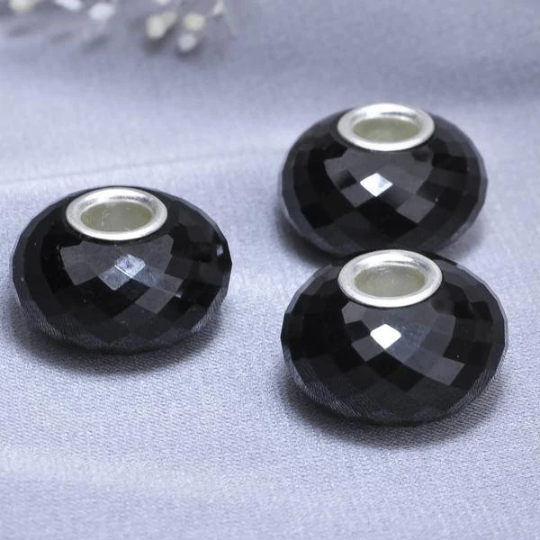 Natural Black Tourmaline Gemstone Bead with Sterling Silver Core for European Charm Bracelets