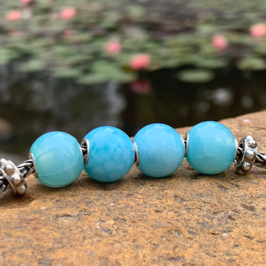 Natural Mini Round Texture Blue Chalcedony Beads with Small Core for Trollbeads Bracelets or Pandora Bangles