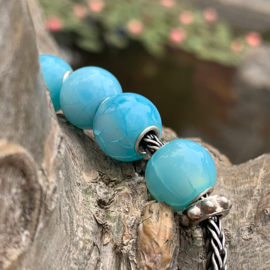 Natural Mini Round Texture Blue Chalcedony Beads with Small Core for Trollbeads Bracelets or Pandora Bangles