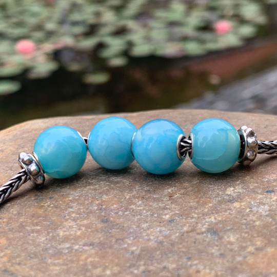 Natural Mini Round Texture Blue Chalcedony Beads with Small Core for Trollbeads Bracelets or Pandora Bangles