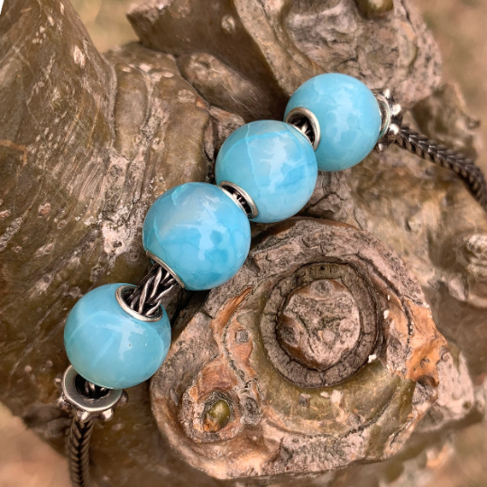 Natural Mini Round Texture Blue Chalcedony Beads with Small Core for Trollbeads Bracelets or Pandora Bangles