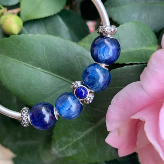 Mini Round Blue Kyanite Cyanite Disthene beads with Small Silver Core for European Charm Trollbeads Bracelet or Pandora Bangle