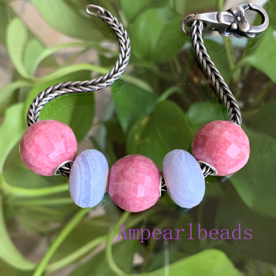 Natural Ampearlbeads Faceted Blue Lace Agate Chalcedony beads with Large Core fits European Pandora Trollbeads Bracelets