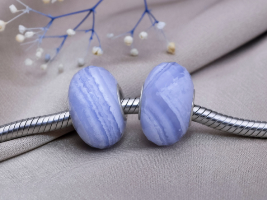 Natural Ampearlbeads Faceted Blue Lace Agate Chalcedony beads with Large Core fits European Pandora Trollbeads Bracelets