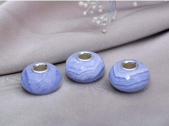 Natural Ampearlbeads Faceted Blue Lace Agate Chalcedony beads with Large Core fits European Pandora Trollbeads Bracelets