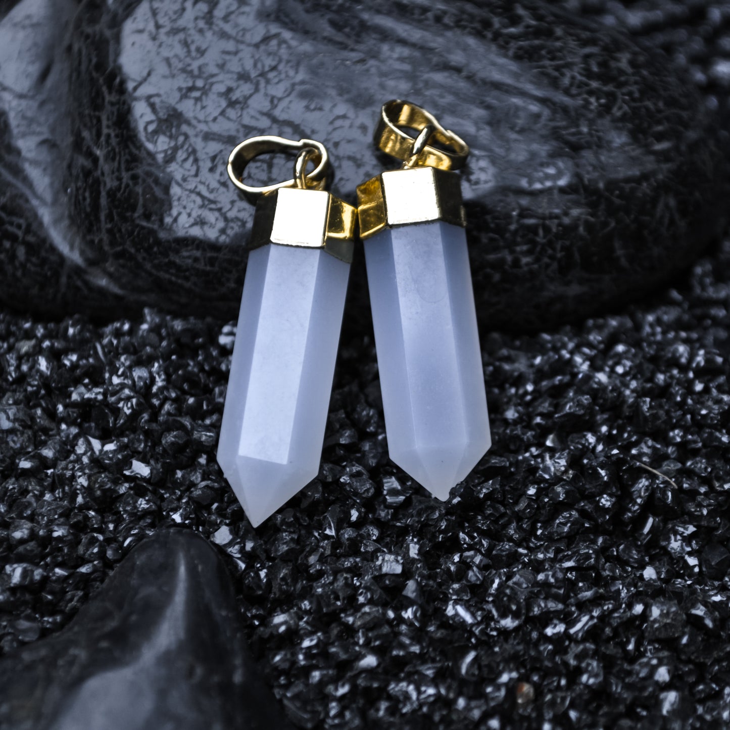 Faceted Natural Blue Chalcedony Pendant Gorgeous Hexagonal Shape with Copper Layering