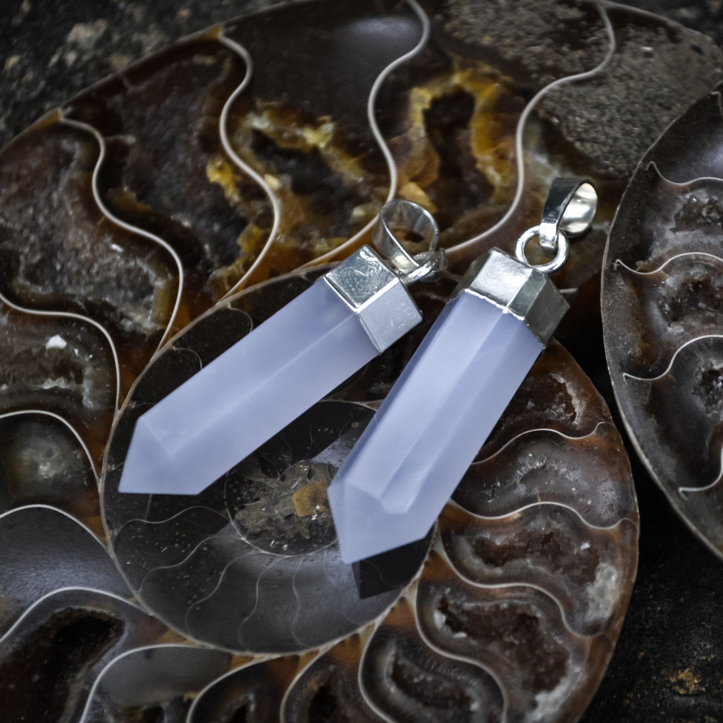 Faceted Natural Blue Chalcedony Pendant Gorgeous Hexagonal Shape with Copper Layering