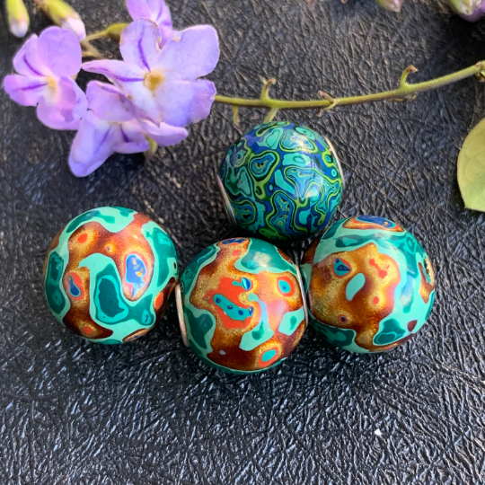 Bright Green Natural Resin Painted Handmade Wooden Beads with Silver Core for Bracelets or Bangles