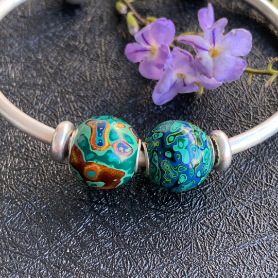 Bright Green Natural Resin Painted Handmade Wooden Beads with Silver Core for Bracelets or Bangles