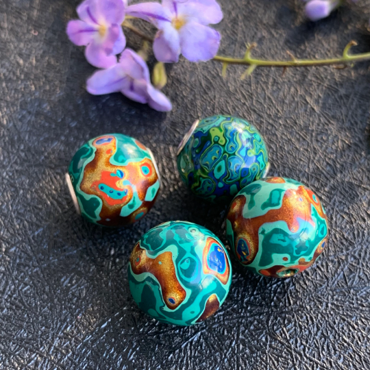 Bright Green Natural Resin Painted Handmade Wooden Beads with Silver Core for Bracelets or Bangles