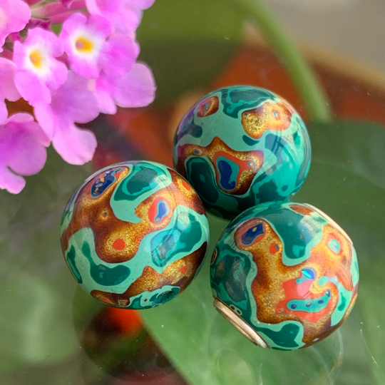 Bright Green Natural Resin Painted Handmade Wooden Beads with Silver Core for Bracelets or Bangles
