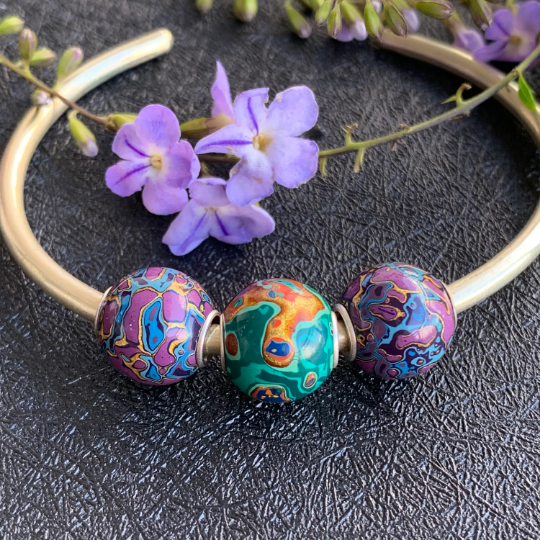 Bright Green Natural Resin Painted Handmade Wooden Beads with Silver Core for Bracelets or Bangles