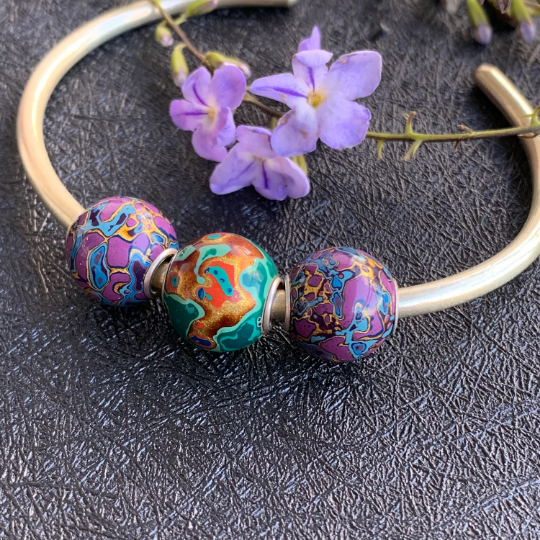 Bright Green Natural Resin Painted Handmade Wooden Beads with Silver Core for Bracelets or Bangles