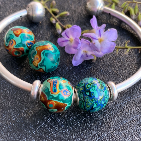 Bright Green Natural Resin Painted Handmade Wooden Beads with Silver Core for Bracelets or Bangles