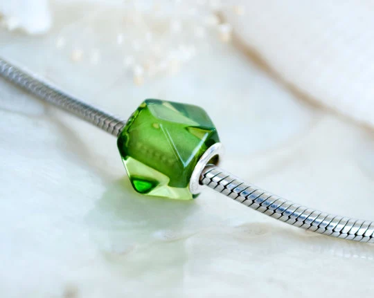 Natural Caribbean Green Polyhedron Amber Faceted Beads with Sterling Sliver Core