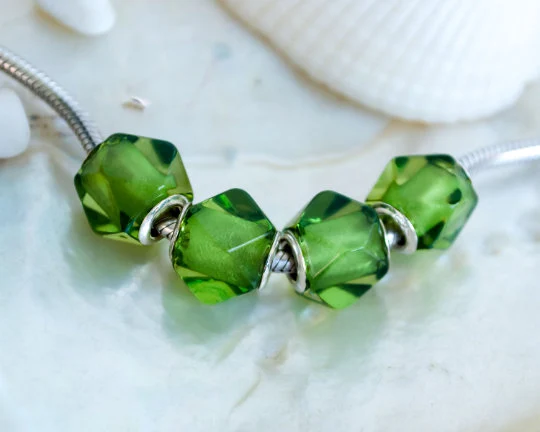 Natural Caribbean Green Polyhedron Amber Faceted Beads with Sterling Sliver Core