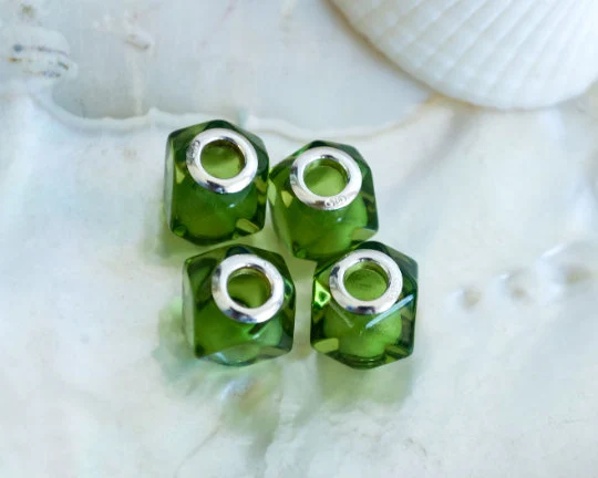 Natural Caribbean Green Polyhedron Amber Faceted Beads with Sterling Sliver Core