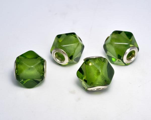 Natural Caribbean Green Polyhedron Amber Faceted Beads with Sterling Sliver Core
