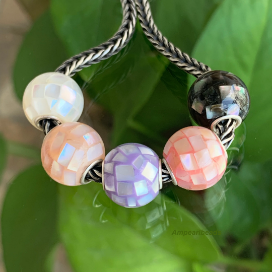 Ampearlbeads Charming Mother of Pearl Beads Mosaic Round Shell Beads White with Silver Core for European Bracelets or Bangles