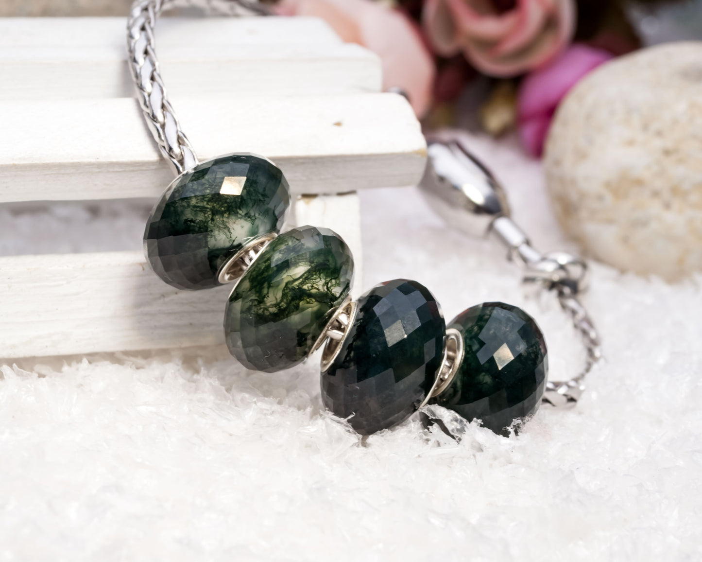 Faceted Green Waterweeds Agate Carnelian Gemstone Fashion Style Bead with Sterling Silver Core for European Bracelets