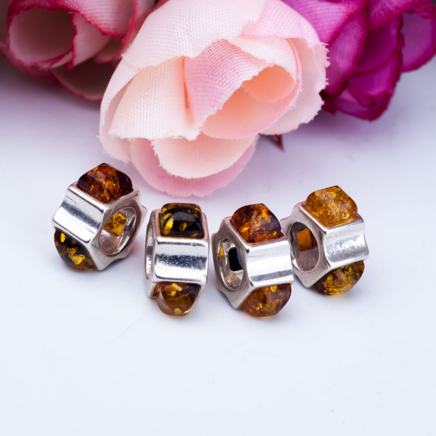 Sterling Sliver Beads Inlay with Gorgeous Ambers Creative Design Jewellery for European Bracelets