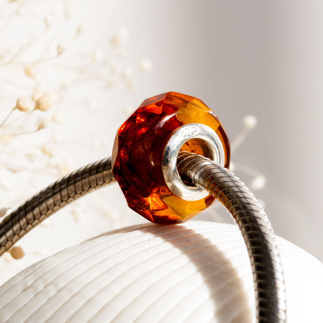 Baltic Cognac Amber Faceted Bead with Silver Core for European Bracelets