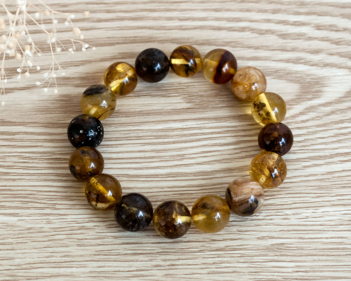 Handmade Cognac Color Charm Bracelet with Round Shape Natural Baltic Amber Gemstone Beads