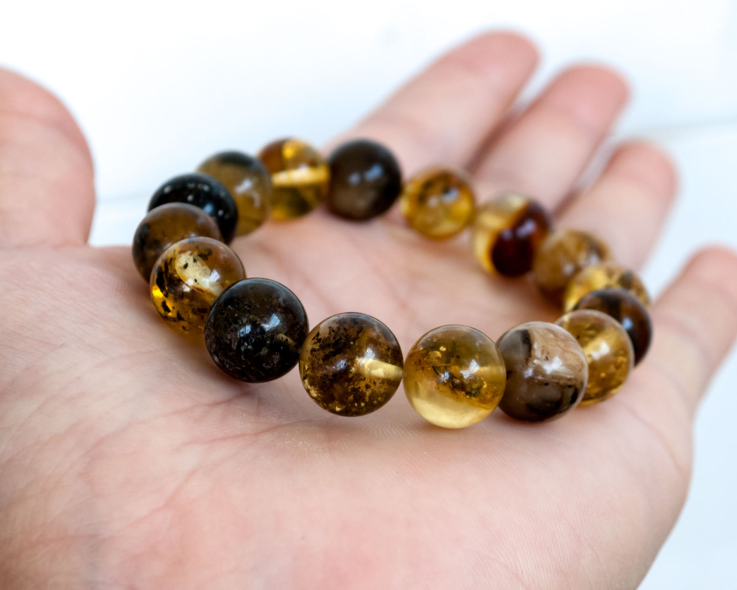 Handmade Cognac Color Charm Bracelet with Round Shape Natural Baltic Amber Gemstone Beads