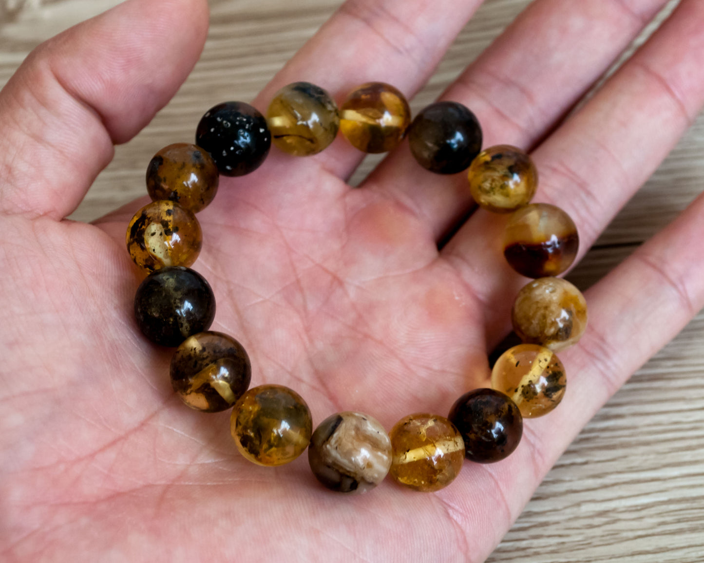 Handmade Cognac Color Charm Bracelet with Round Shape Natural Baltic Amber Gemstone Beads