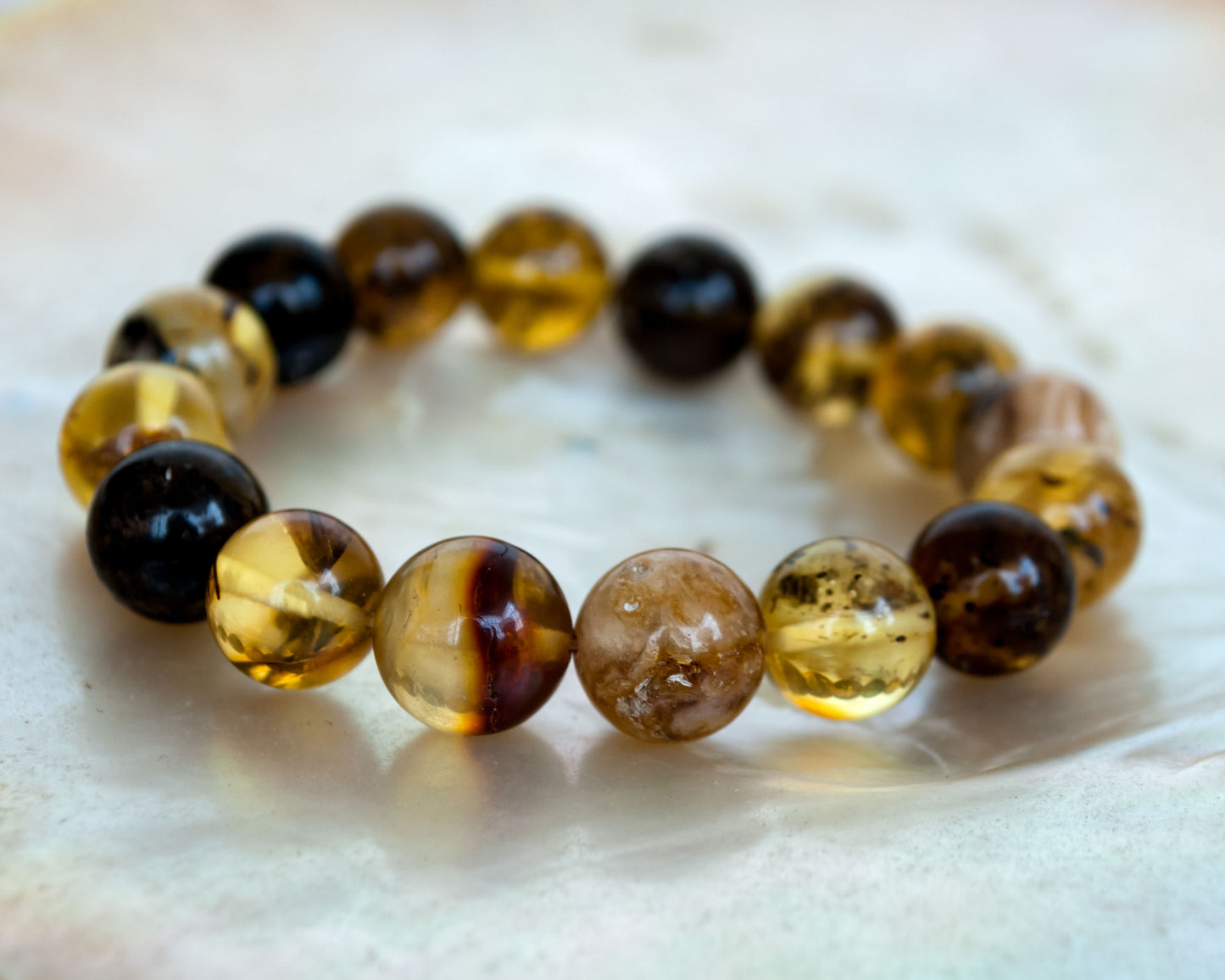Handmade Cognac Color Charm Bracelet with Round Shape Natural Baltic Amber Gemstone Beads
