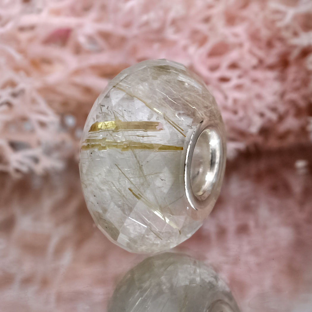 Faceted Golden Rutilite Quartz Bead with Sterling Silver Core for European Charm