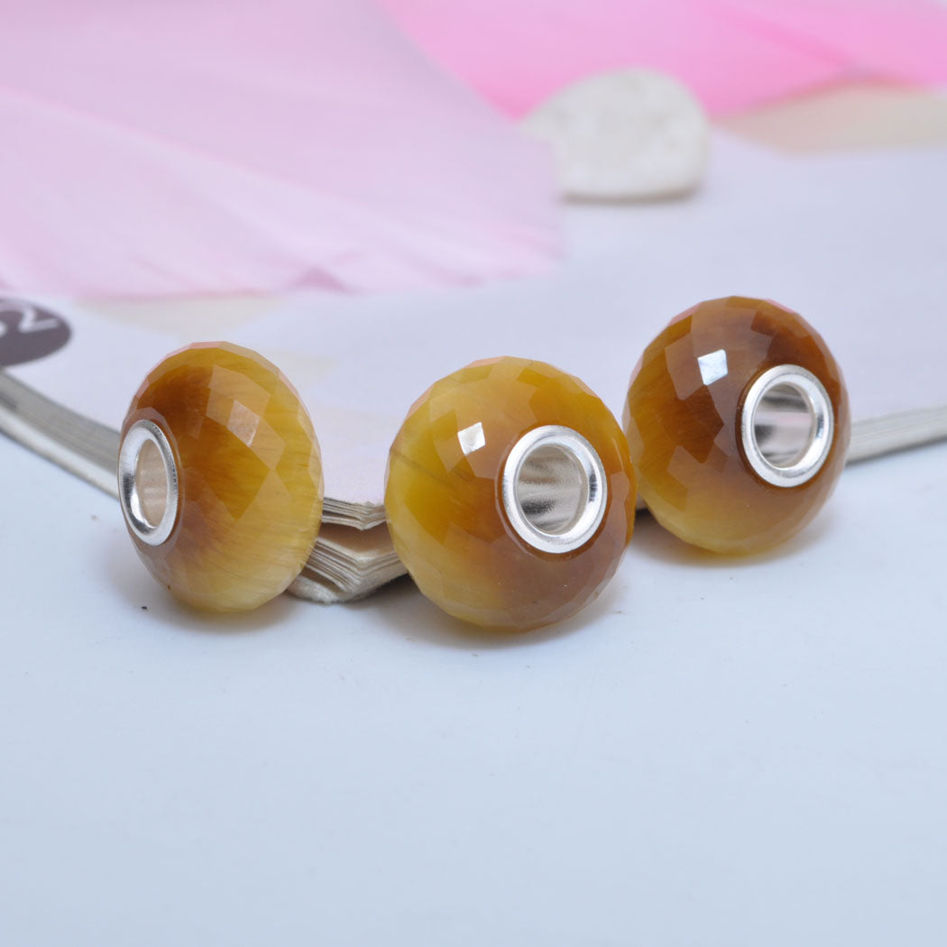 Yellow Golden Faceted Tiger's Eye Gemstone with Sliver Core for European Charms Bracelets