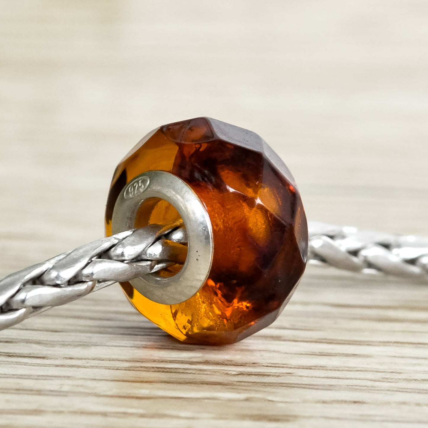 Baltic Cognac Amber Faceted Bead with Silver Core for European Bracelets