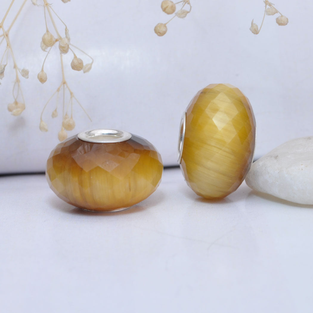 Yellow Golden Faceted Tiger's Eye Gemstone with Sliver Core for European Charms Bracelets
