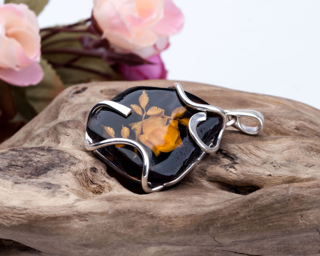 Polished Baltic Amber and Silver Pendant with Flower Engraved Amber Pendant for Necklace
