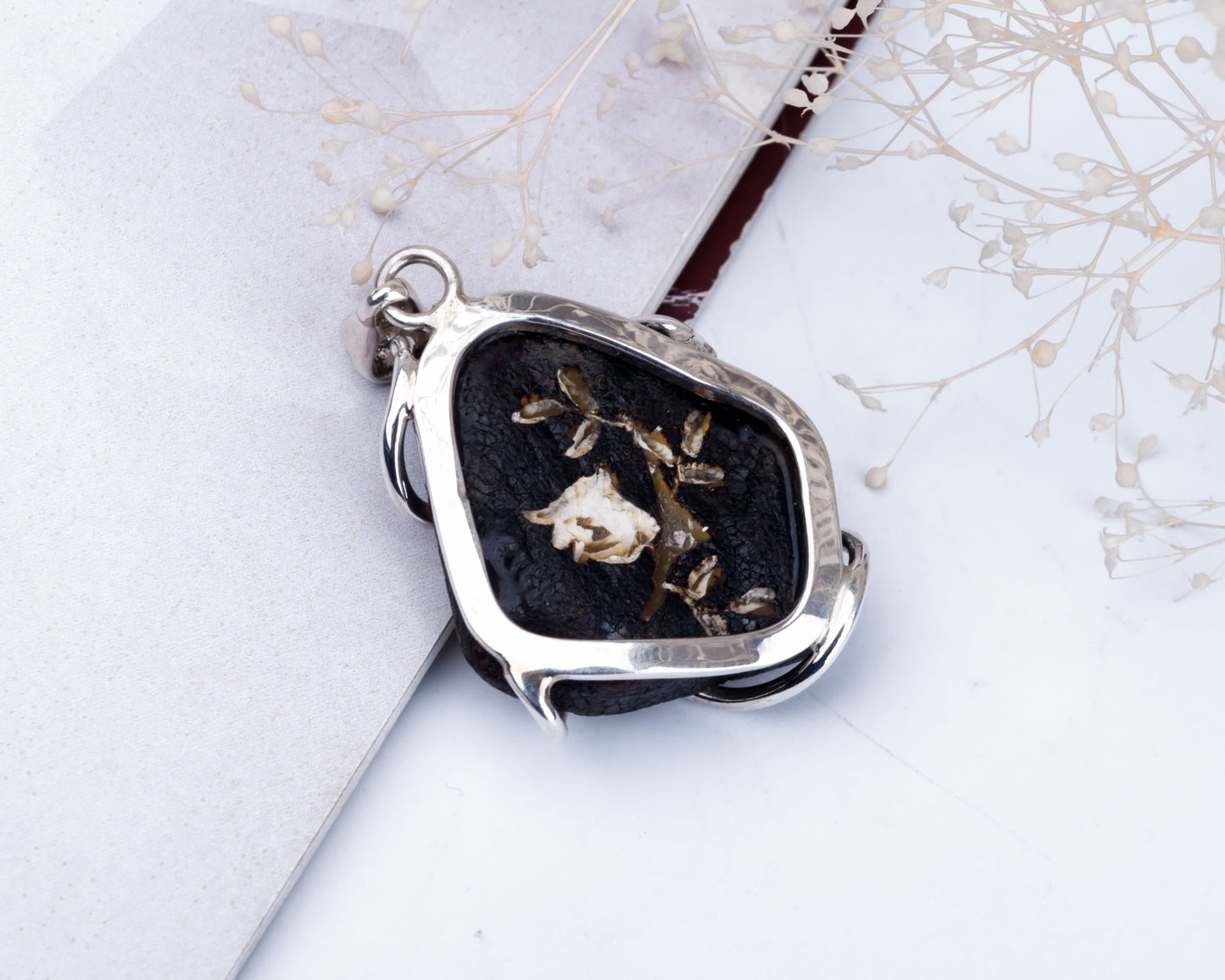 Polished Baltic Amber and Silver Pendant with Flower Engraved Amber Pendant for Necklace