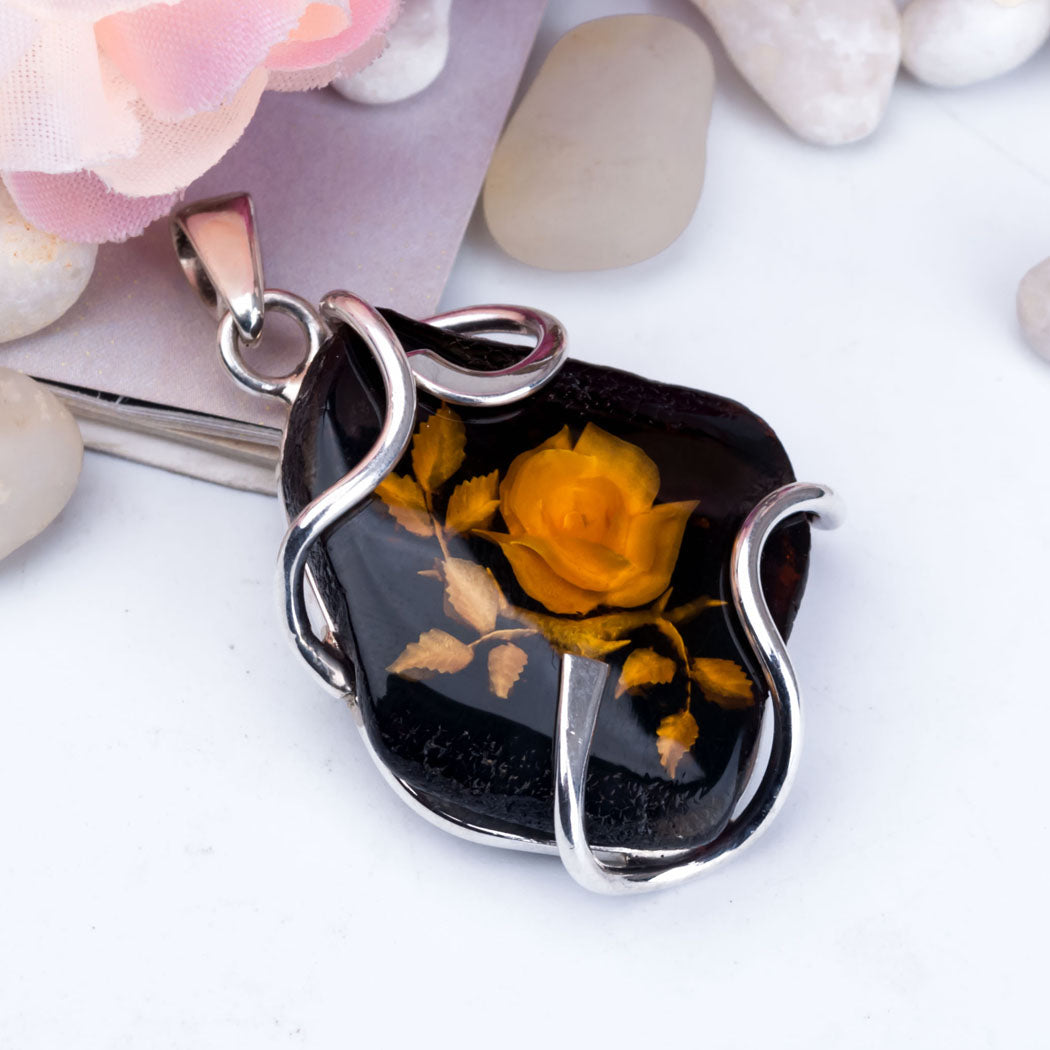 Polished Baltic Amber and Silver Pendant with Flower Engraved Amber Pendant for Necklace