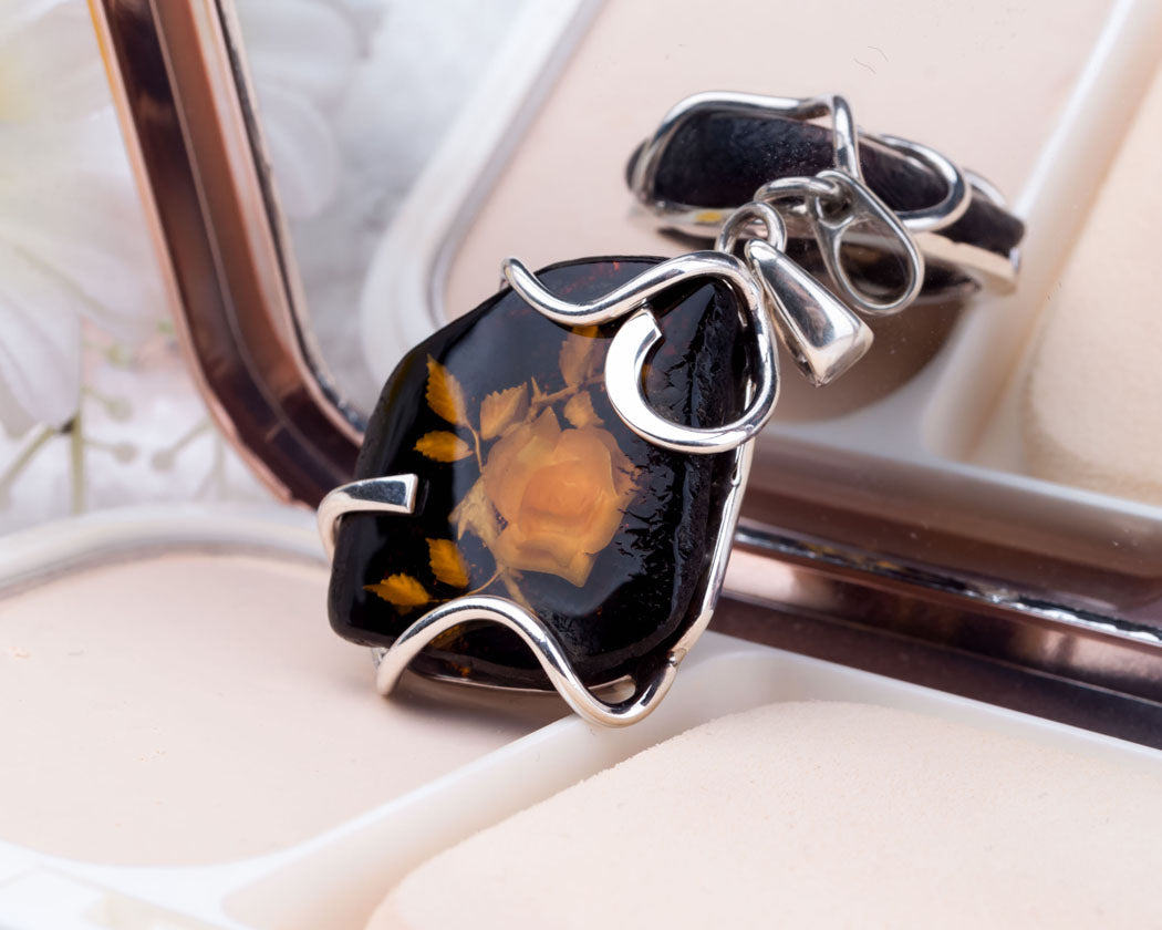 Polished Baltic Amber and Silver Pendant with Flower Engraved Amber Pendant for Necklace