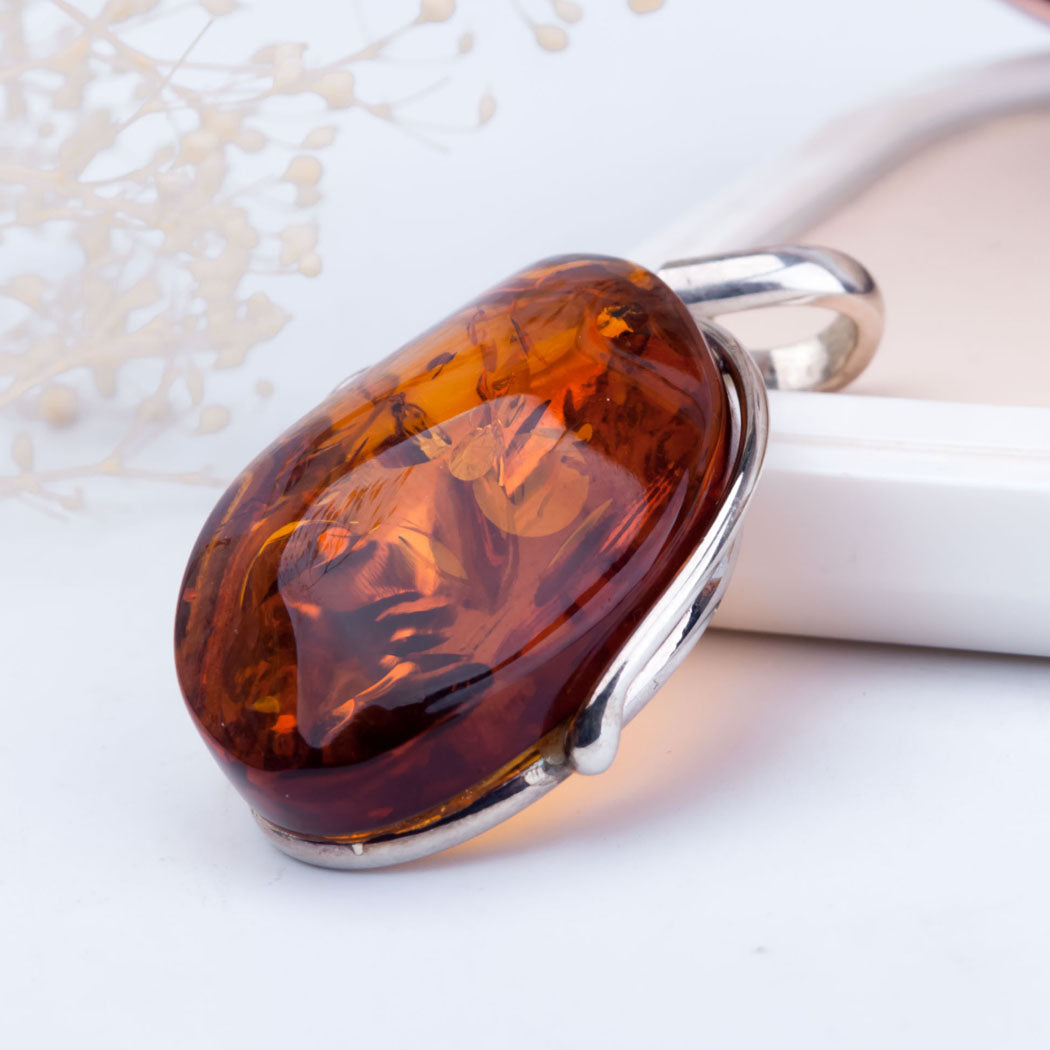 Baltic Fossil Amber Pendant in Sterling Silver Polished Cognac Amber and Silver Pendant for Necklace