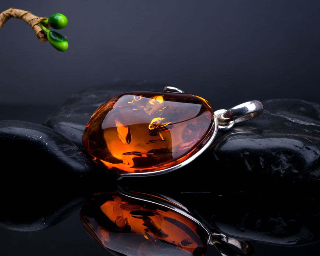 Baltic Fossil Amber Pendant in Sterling Silver Polished Cognac Amber and Silver Pendant for Necklace