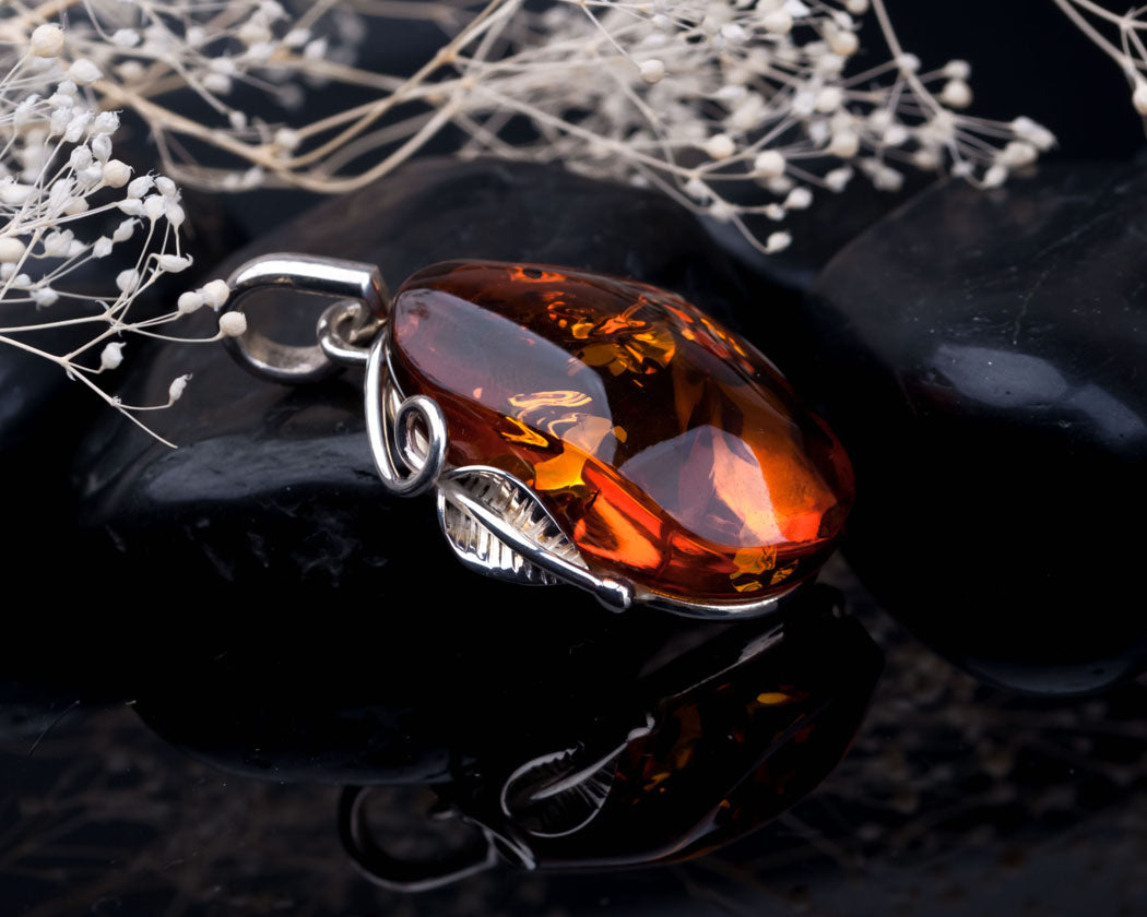 Baltic Fossil Amber Pendant in Sterling Silver Polished Cognac Amber and Silver Pendant for Necklace