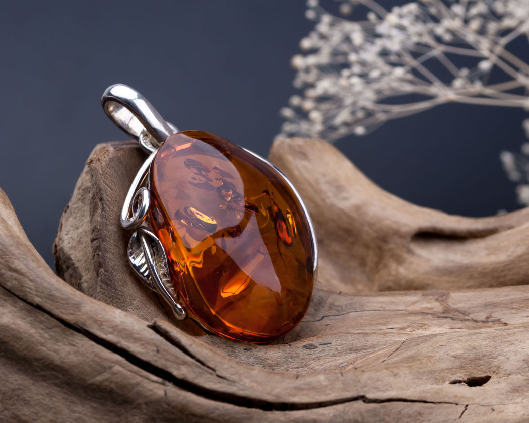 Baltic Fossil Amber Pendant in Sterling Silver Polished Cognac Amber and Silver Pendant for Necklace