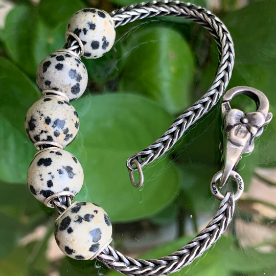 Awsome Dalmation Jasper Beads Gemstone Artisan Beads with Small Silver Core Fit for European Charm Trollbeads Bracelet or Pandora Bangle