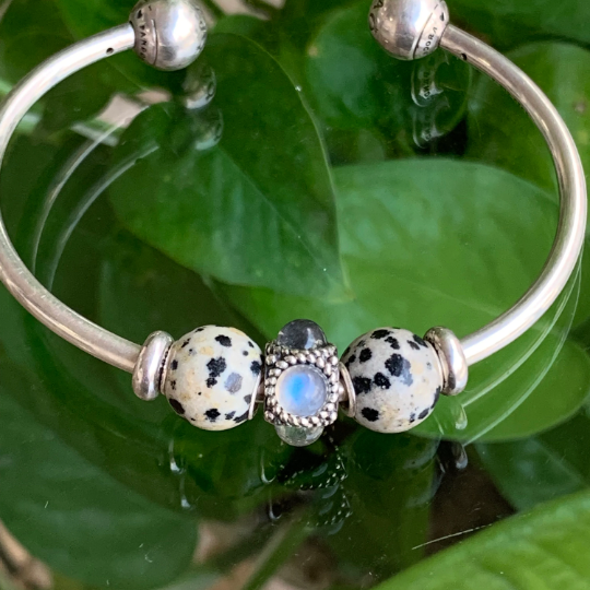Awsome Dalmation Jasper Beads Gemstone Artisan Beads with Small Silver Core Fit for European Charm Trollbeads Bracelet or Pandora Bangle
